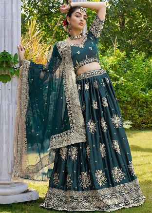 Dark Green Embellished Lehenga Choli In Satin