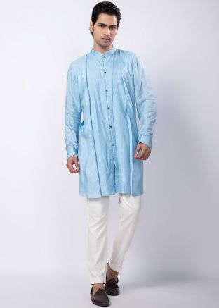 Blue Pinktucks Silk Kurta Pajama Set