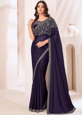 Purple Thread Embroidered Saree In Satin Silk