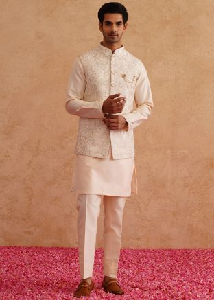 Cream Men Embroidered Kurta Pajama With Nehru Jacket