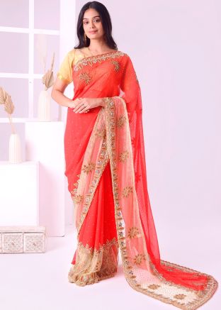 Red Embroidered Georgette Saree With Blouse