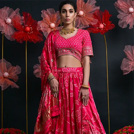 shop bandhej lehengas