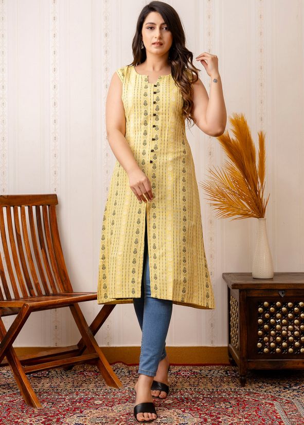 Yellow Printed Cotton Kurti