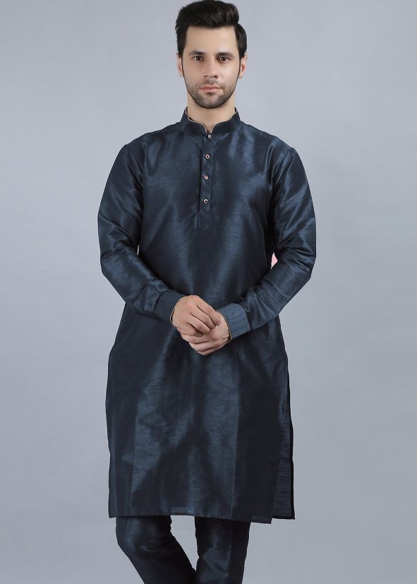 Teal Blue Readymade Plain Kurta For Men