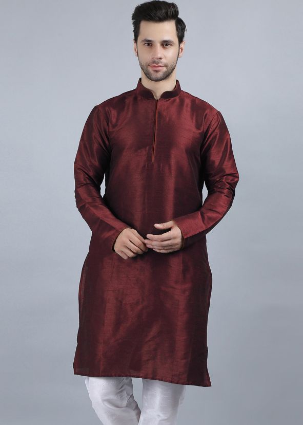 Maroon Readymade Plain Mens Kurta