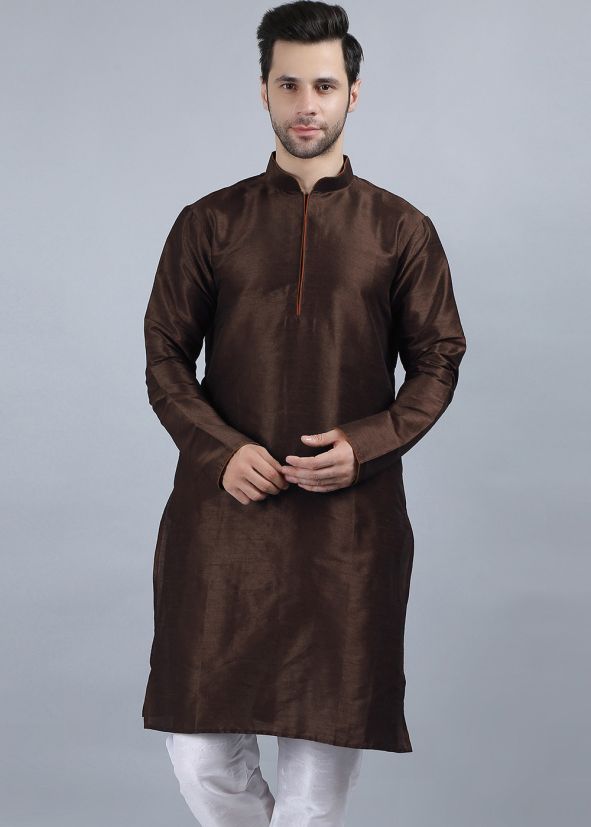 Readymade Brown Mens Plain Kurta