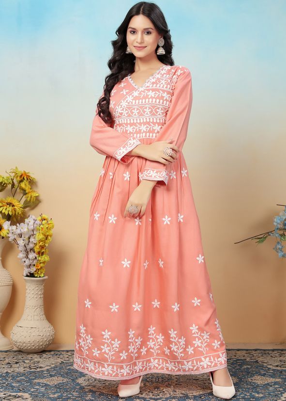 Readymade Peach Embroidered Long Kurta