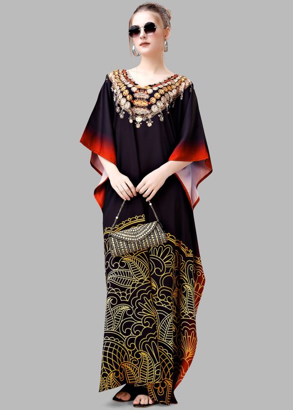 Black Digital Print Crape Kaftan