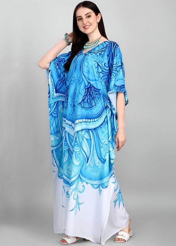 Blue Printed Kaftan In Crape