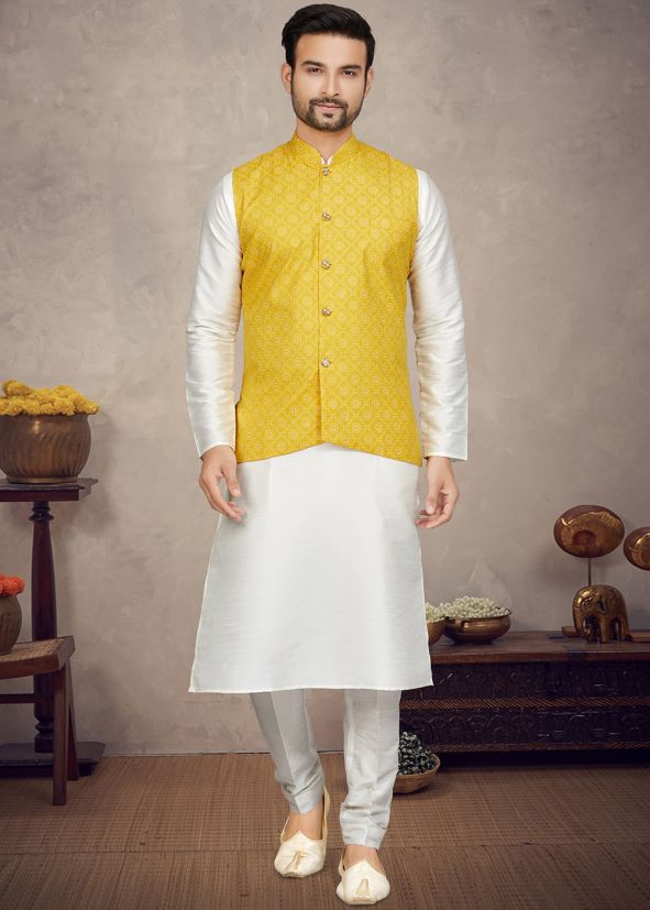 Off White Kurta Pajama & Printed Nehru Jacket
