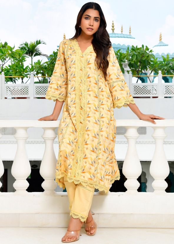 Yellow Readymade Cotton Kurta Set