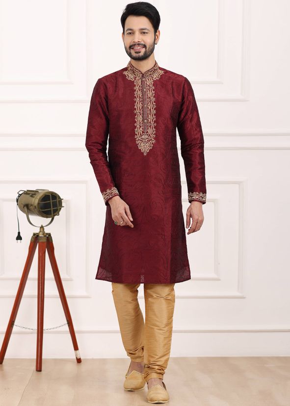 Maroon Embroidered Kurta Pajama