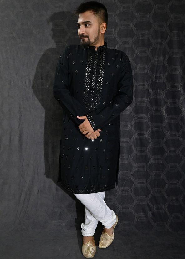 Black Thread Embroidered Kurta Churidaar Set