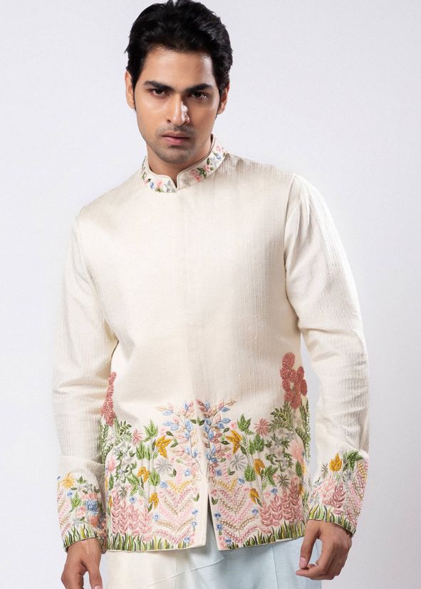 Cream Thread Embroidered Nehru Jacket