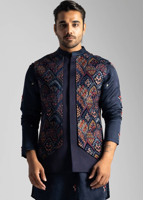 Navy Blue Thread Embroidered Nehru Jacket