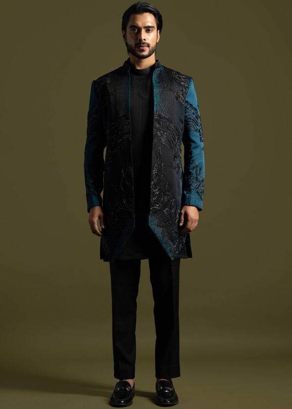 Black Kurta Pajama & Embroidered Jacket