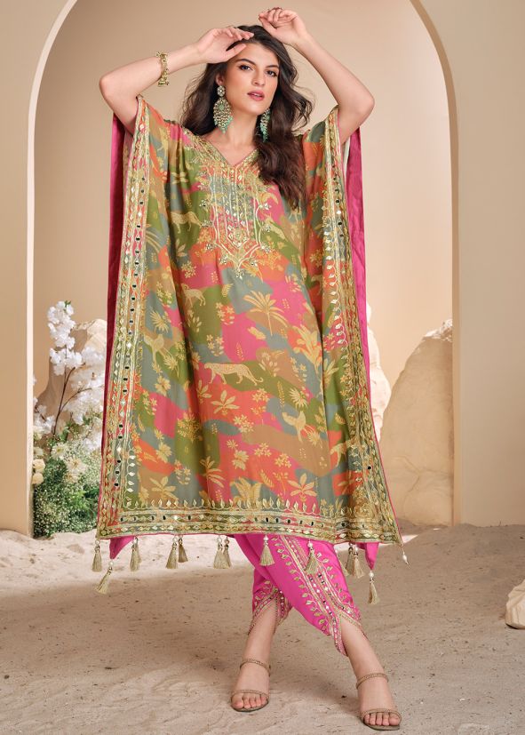 Multicolor Embroidered Kaftan With Pant