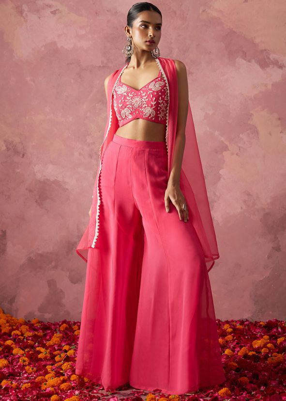 Pink Embroidered Top Bottom Set & Jacket