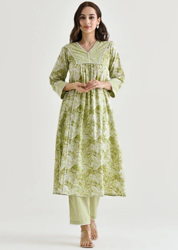Green Rayon Print Kurta Set
