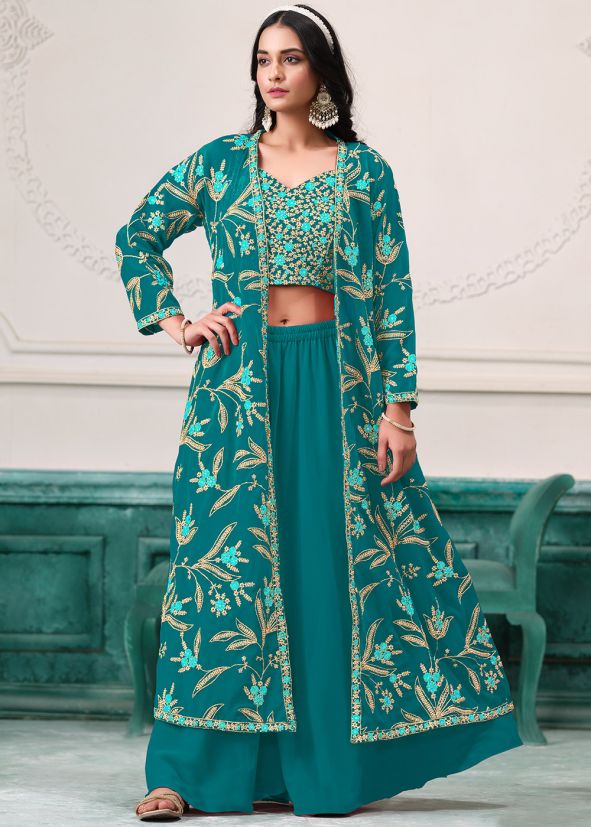 Turquoise Embroidered Top Bottom Set With Jacket