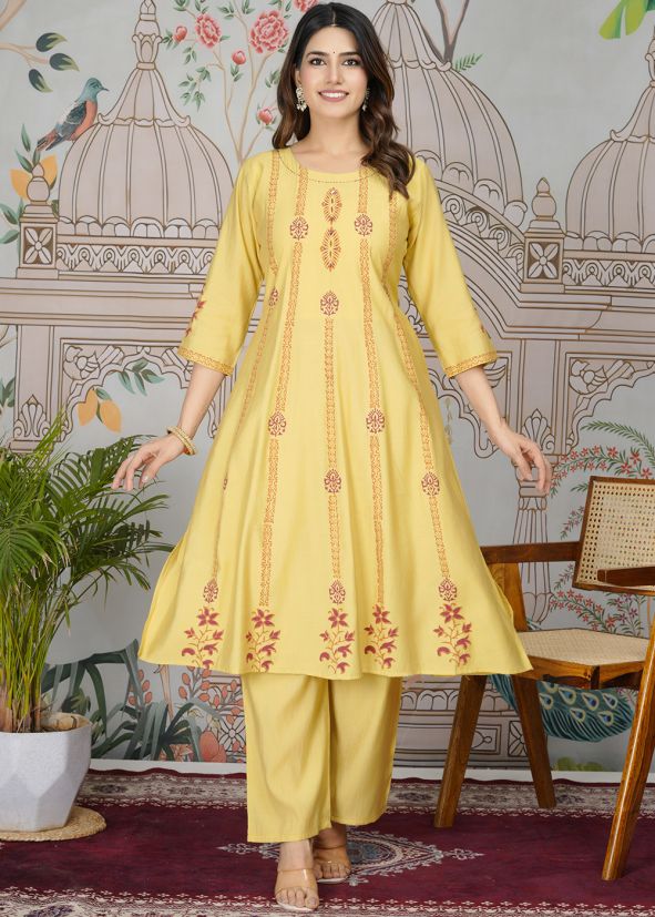Yellow Viscose Printed Kurta Set