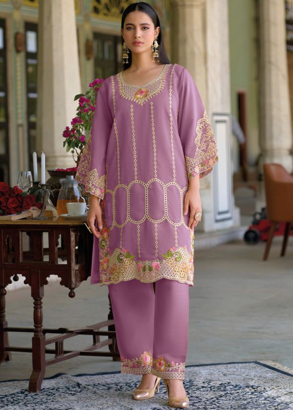 Purple Kurta Set In Cut Work