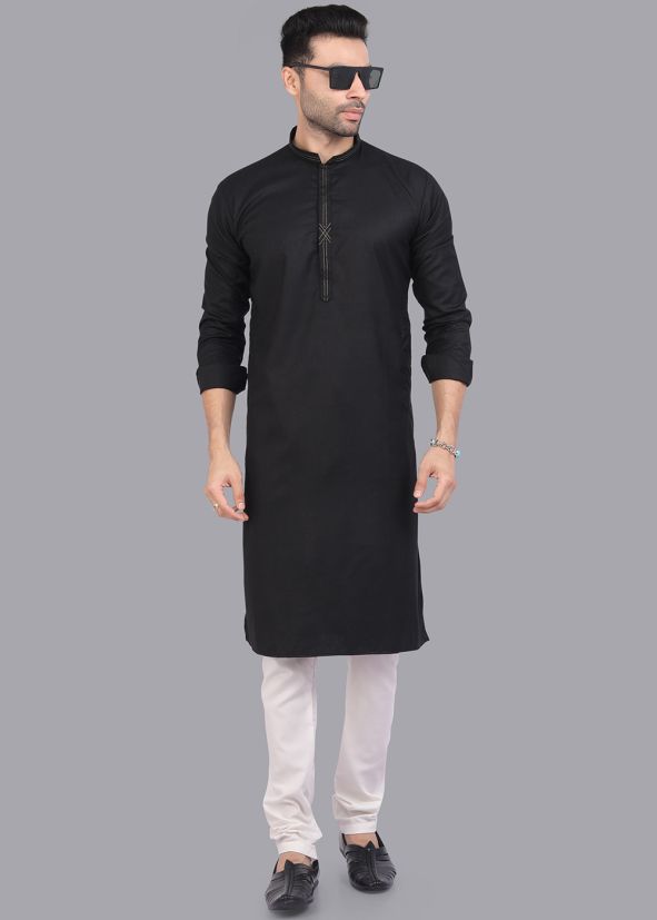 Black Readymade Plain Kurta Pajama Set