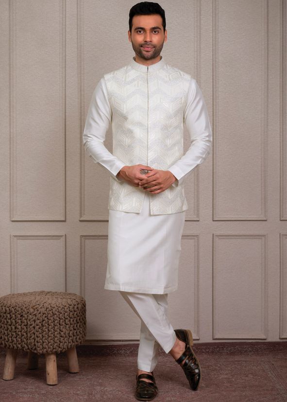 Off White Embroidered Kurta Pajama With Jacket
