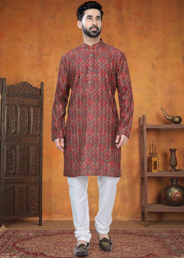Maroon Printed Jacqaurd Kurta Pajama