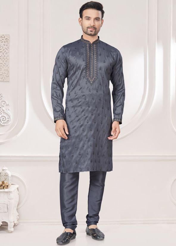 Grey Thread Embroidered Kurta Pajama Set
