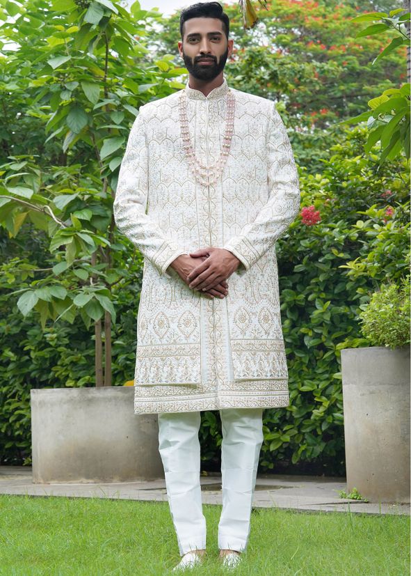 Off White Stone Work Sherwani Set