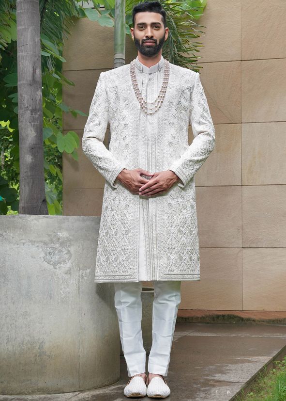Off- White Embroidered Sherwani Set