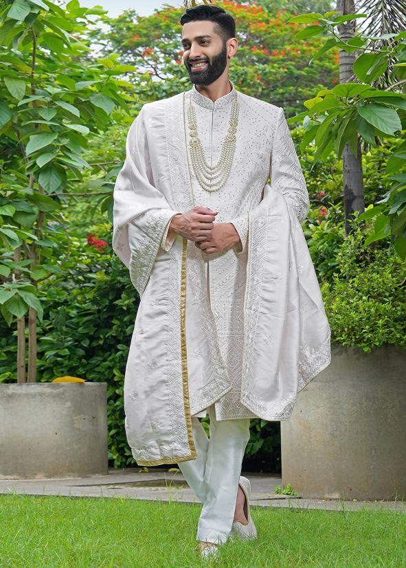 Off -White Stone Work Sherwani Silk