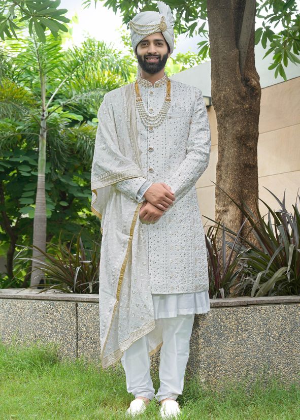Off-White Sequin Work Sherwani Set In Silk