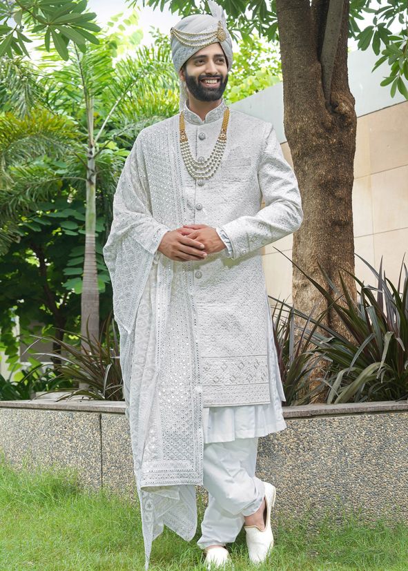 Off-White Embroidered Sherwani Set