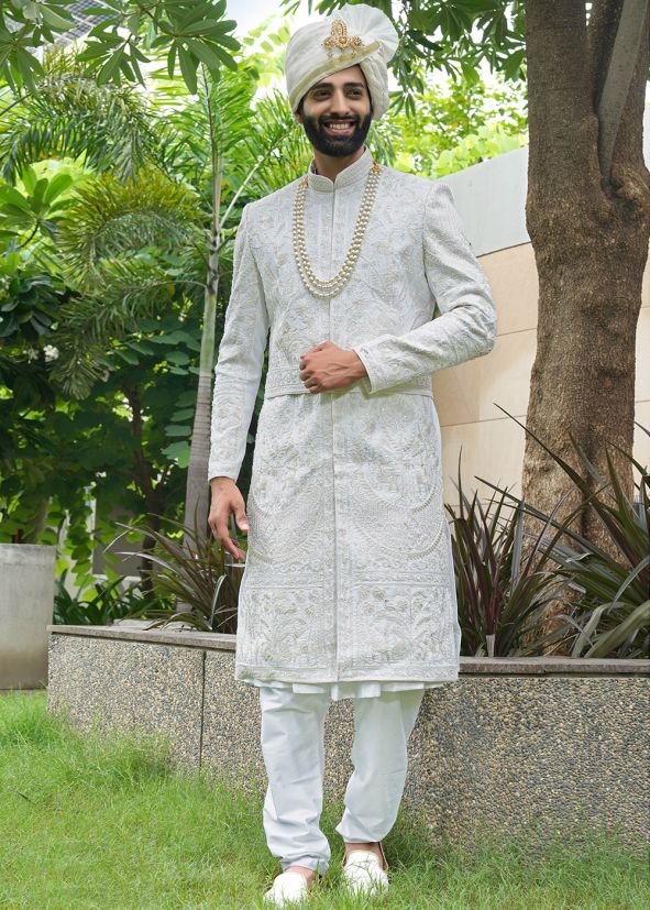 Off-White Sequin Work Sherwani Set In Silk