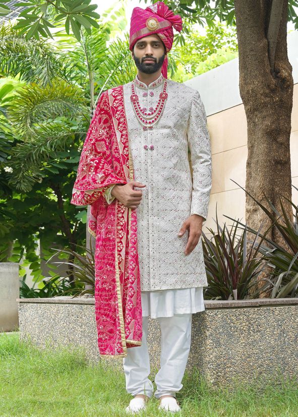 Off-White Embroidered Silk Sherwani Set