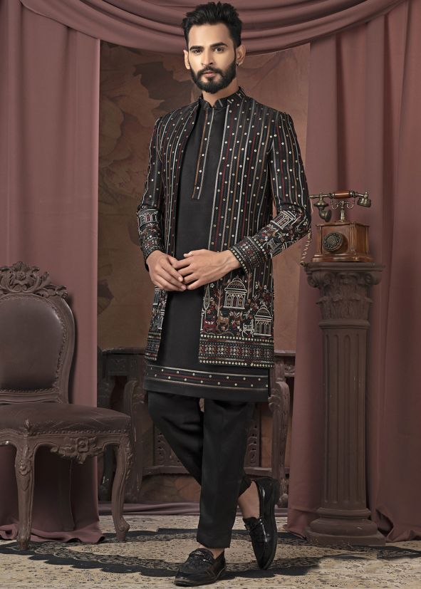 Black Jacket Style Men Kurta Pant In Thread Work