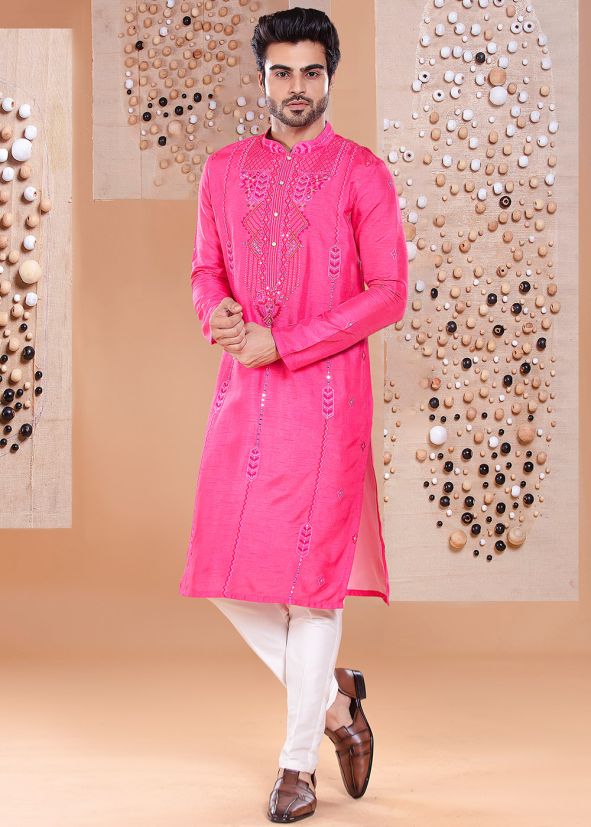 Pink Thread Embroidered Men Kurta Pant Set