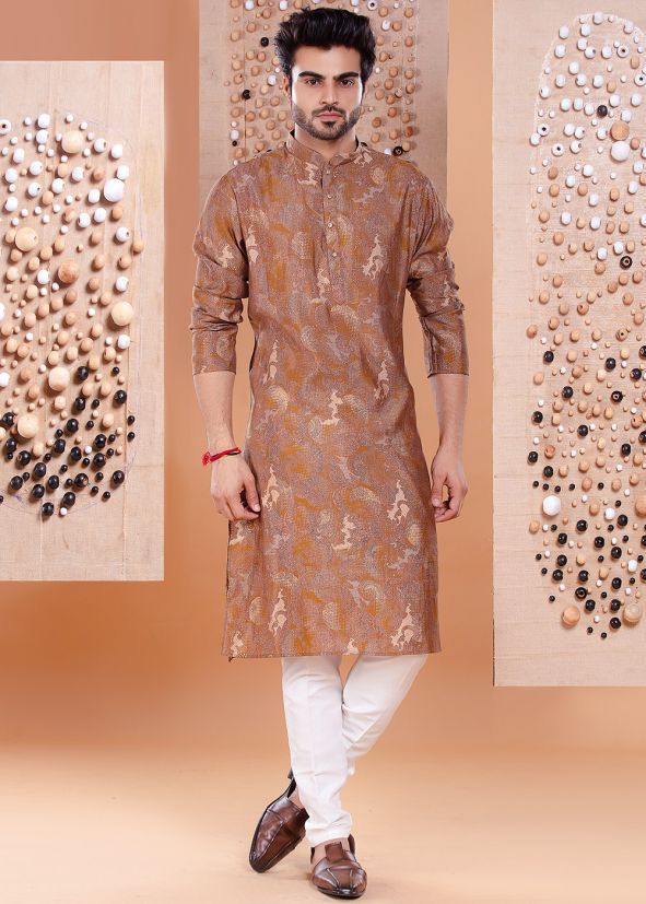 Readymade Brown Men Kurta Set In Print