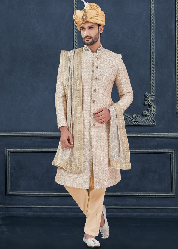 Off White Thread Embroidered Sherwani Set