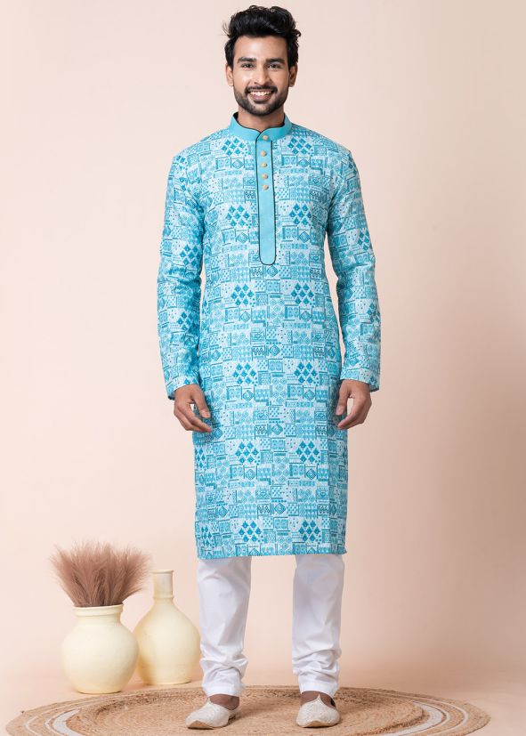 Blue Men Printed Readymade Kurta Pajama