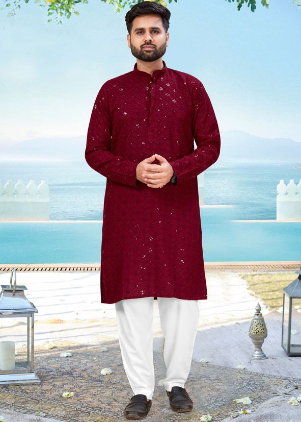 Maroon Sequin Work Kurta Pajama