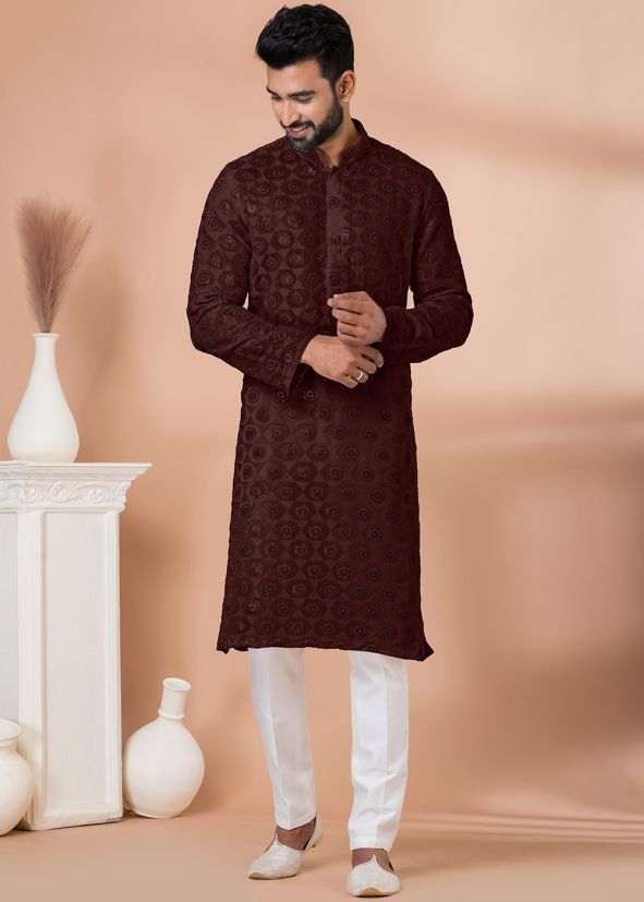 Maroon Sequin Work Men Kurta Pajama