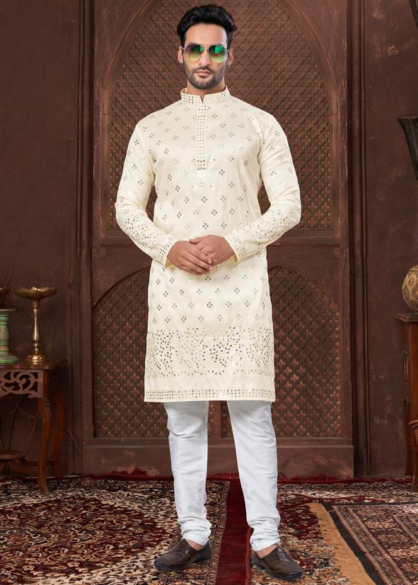 Cream Sequin Work Men Kurta Pajama