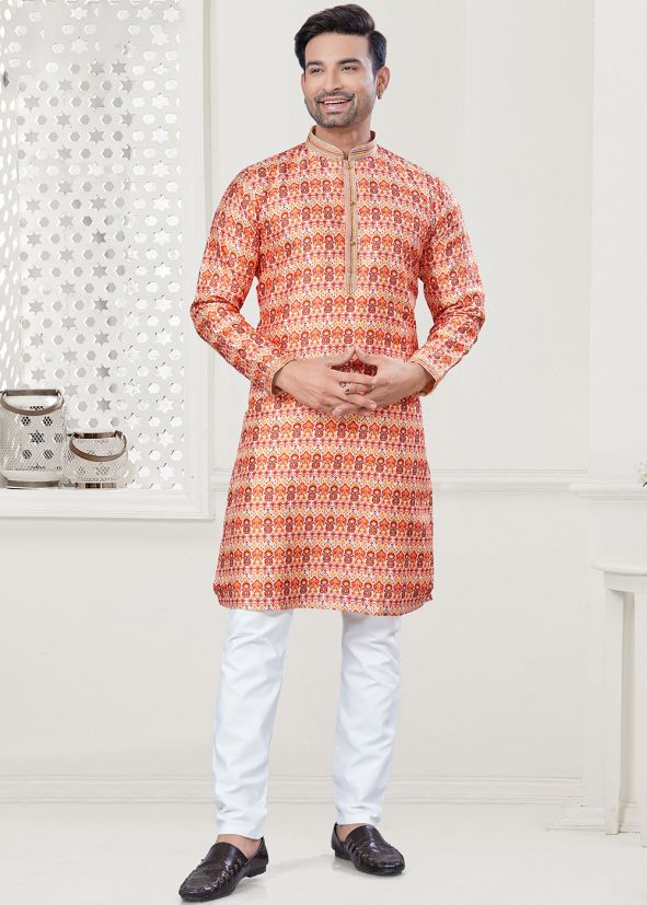 Orange Digital Print Kurta Pajama Set