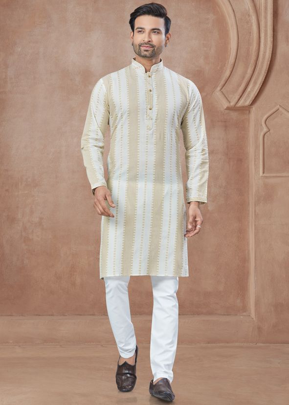 Brown Printed Men Kurta Pajama