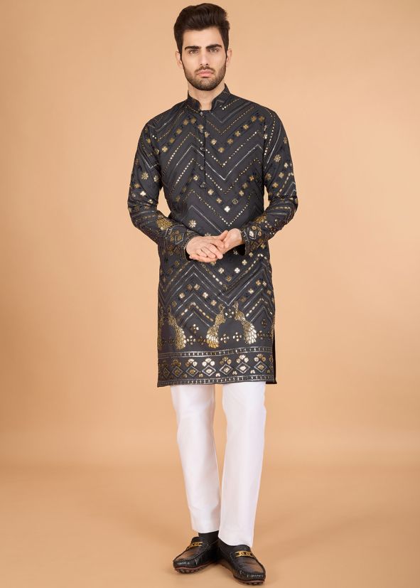 Black Embroidered Men Kurta