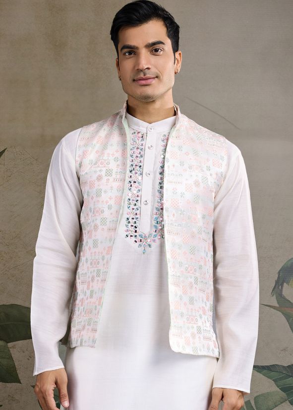 White Mirror Work Kurta With Nehru Jacket