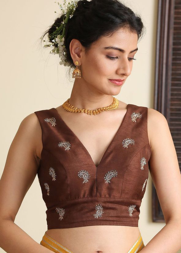 Brown Embroidered Readymade Blouse